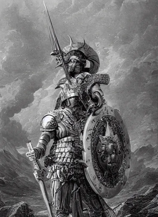 Image similar to highly detailed picture of great greek warrior with a shield, edge of the universe, symmetrical face, cinematic romantic magical, greek myth, masterpiece, from the book by gene wolfe, highly detailed painting by gustave dore