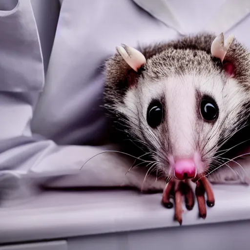 Prompt: anthropomorphic opossum wearing human clothes, laying dead on its back on a coroner's table in a morgue, bright florescent lighting, scientific and medical equipment in the background, zoomed out, movie still, photograph, 4k