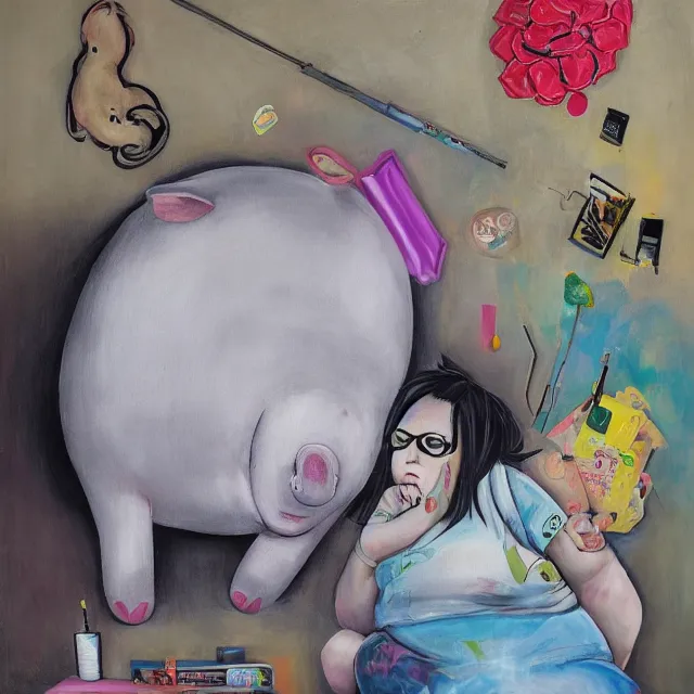 Image similar to giant zen pig, a portrait in a female artist's bedroom, black walls, emo girl with plushies, sheet music, berries, surgical supplies, pancakes, black flowers, sensual, octopus, neo - expressionism, surrealism, acrylic and spray paint and oilstick on canvas