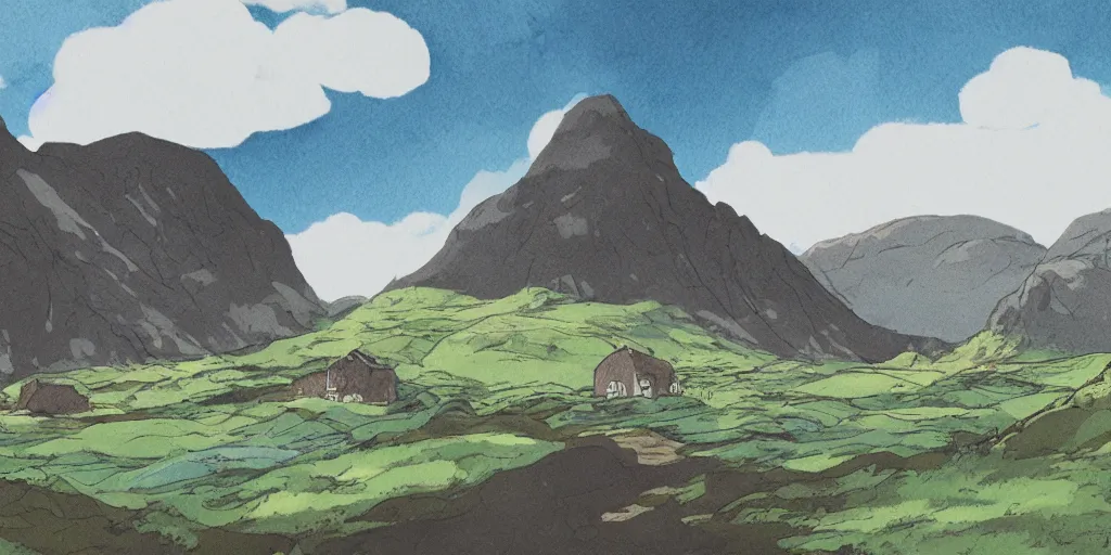 Prompt: Landscape illustration of the Scottish Highlands in the style of Studio Ghibli