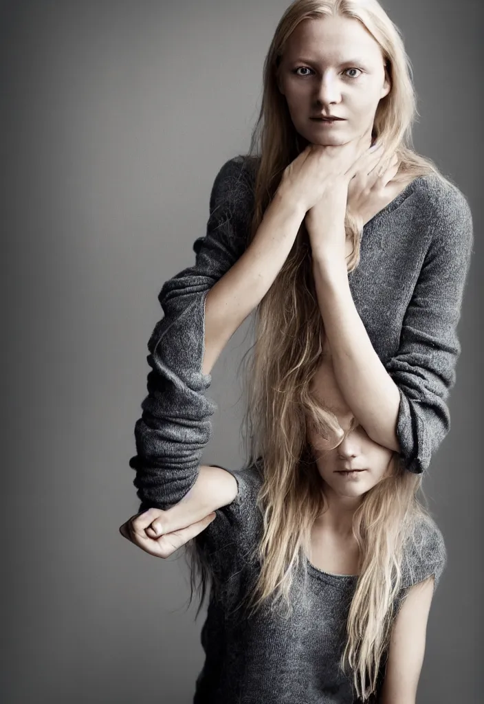 Image similar to portrait of a beautiful young scandinavian woman. casual clothing. studio photo by annie leibovitz.