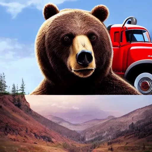 Prompt: a man but he's a bear but it's a truck but it's a robot