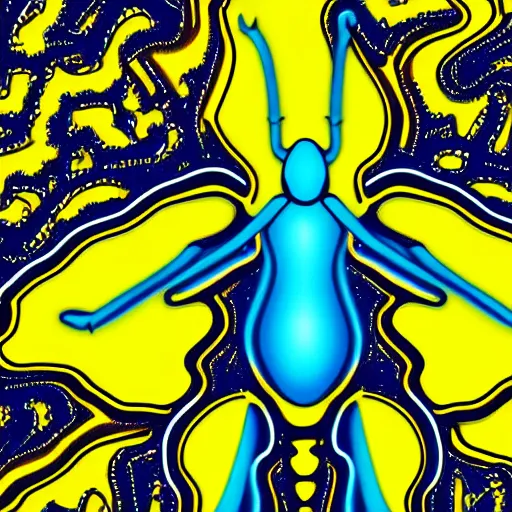 Image similar to human man that resembles a wasp morh in surreal sketch style, blue and yellow gradient, noise, ultrafine detail, hd 8k, logo illustration