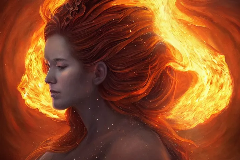 Prompt: Majestic painting of a beautiful young female fire goddess!! being corrupted by ice, intricate, epic, elegant, menacing, fantasy, highly detailed, digital painting, hard focus, beautiful volumetric lighting, epic light, ultra detailed, souls, smoke, icicle, frozen by Leesha Hannigan, Ross Tran, Thierry Doizon, Kai Carpenter, Ignacio Fernández Ríos