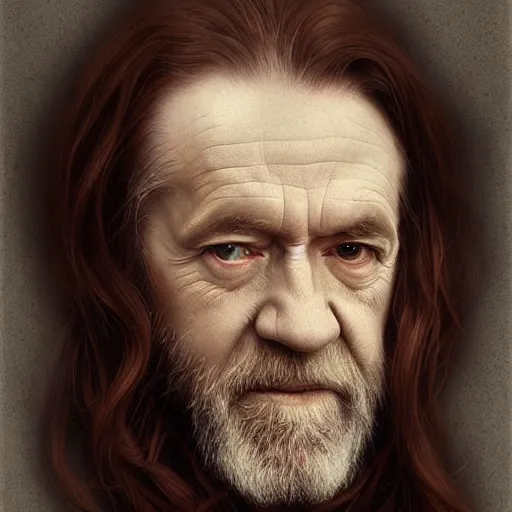 Image similar to beautiful striking Pre-Raphaelite George Carlin by Artgerm and Greg Rutkowski, pale, intricate, elegant, highly detailed, digital painting