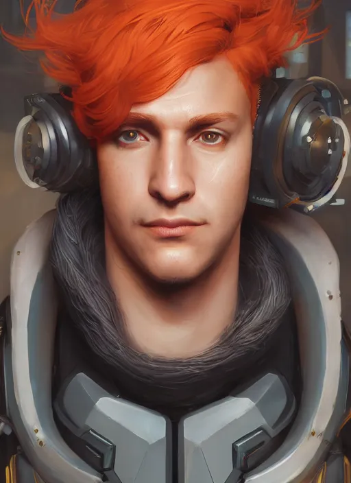 Prompt: cyberpunk portrait of curly orange hair man from overwatch 2, au naturel, hyper detailed, digital art, trending in artstation, cinematic lighting, studio quality, smooth render, unreal engine 5 rendered, octane rendered, art style by klimt and nixeu and ian sprigger and wlop and krenz cushart.