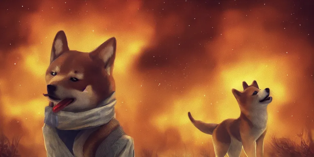 Prompt: A Shiba Inu survivor dressed with rags is watching the world ending, meteors are falling from the sky, everything is on fire, dramatic lighting, digital art, very very very very very very beautiful, 8K, dark lighting, trending on Artstation, award winning