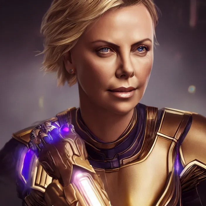 Prompt: portrait of ((Charlize Theron)), wearing The Infinity Gauntlet. SNAP. intricate artwork. octane render, trending on artstation, very coherent symmetrical artwork. avengers. thanos. cinematic, hyper realism, high detail, octane render, 8k, iridescent accents