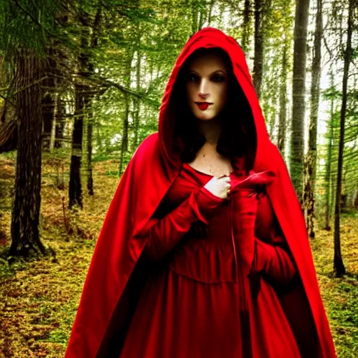 Prompt: photo of a real-life beautiful red riding hood rogue