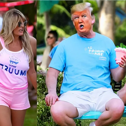 Image similar to donald trump wearing a pair of light blue hoochie daddy shorts and a pink miami beach t-shirt while enjoying himself a pistachio ice cream cone in the park, high-res, hyperrealistic,
