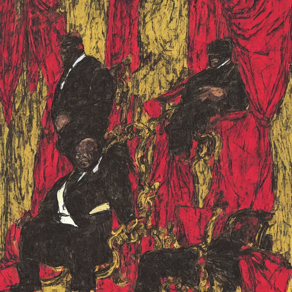 Image similar to style of frank miller, portrait of big black man sitting on throne, background made of big curtains