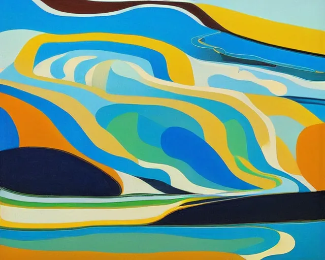 Image similar to A wild, insane, modernist landscape painting. Wild energy patterns rippling in all directions. Curves, organic, zig-zags. Saturated color. Mountains. Clouds. Rushing water. Wayne Thiebaud. Lisa Yuskavage landscape.