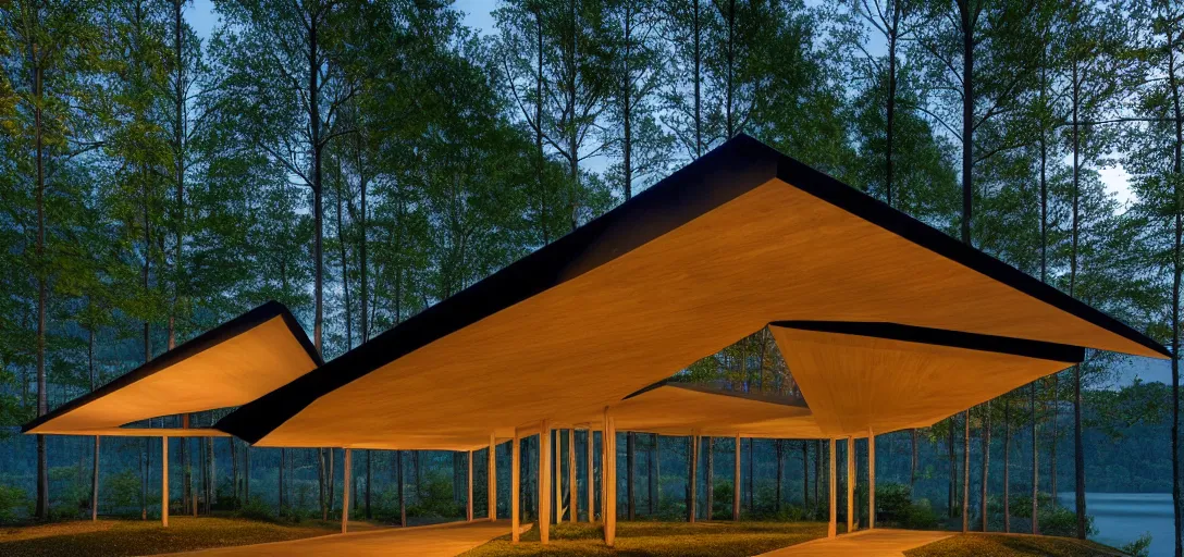 Image similar to faceted roof planes lift and descend creating shade and architectural expression, highly detailed, situated in the forest, next to a highly reflective lake, at dusk, vivid color