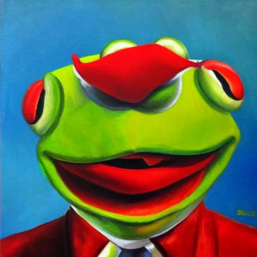 Image similar to portrait of kermit the frog with salvadore dali mustache, expressive oil painting