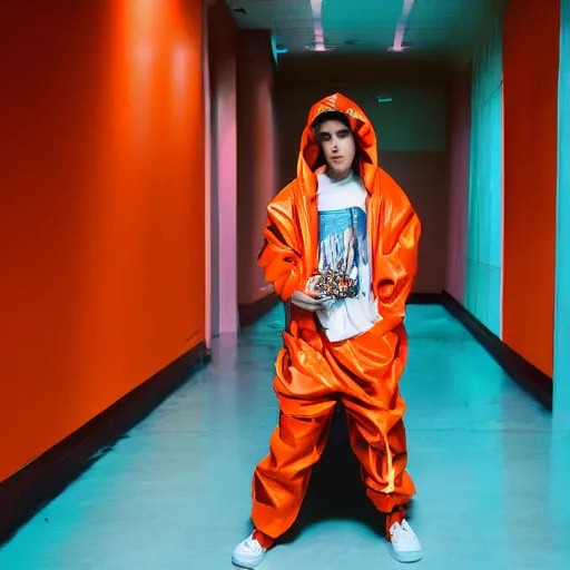 Image similar to the 2 0 2 2 award winning photo of justin bieber wearing a trash bag, cinematic, atmospheric, vivid, colorful, orange & teal, susan worsham photograph