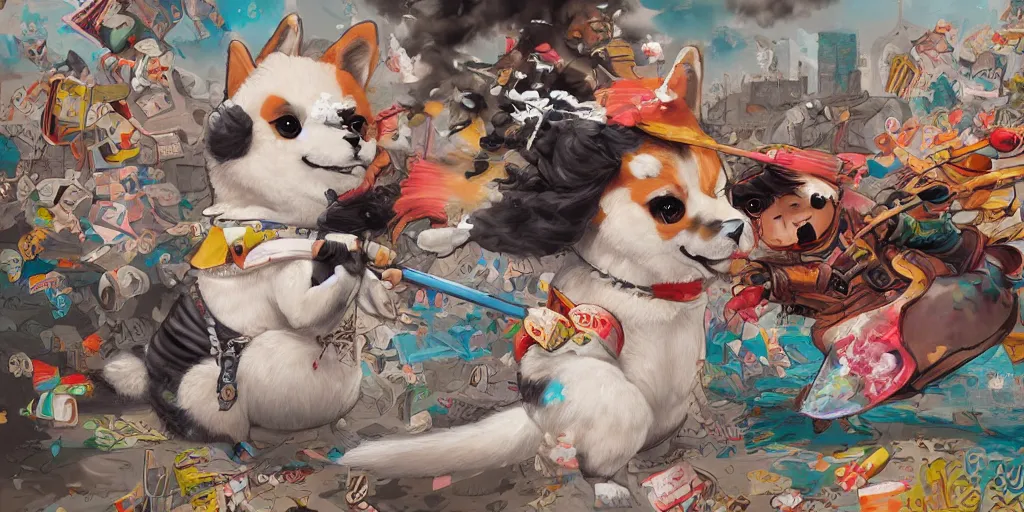 Prompt: highly detailed painting of a fluffy graffiti corgi ninja god fighting samurai, by Anna Dittmann and Hikari Shimoda , trending on Artstation, 8k, masterpiece, graffiti paint