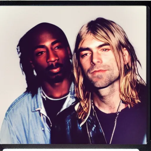 Image similar to Polaroid photograph of Kurt Cobain and Tupac Shakur, candid, annie leibovitz, detailed, XF IQ4, 150MP, 50mm, F1.4, ISO 200, 1/160s, natural light, Adobe Lightroom, photolab, Affinity Photo, PhotoDirector 365,