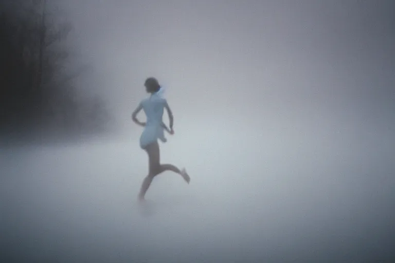 Image similar to film photography, straight colors, minimalism, woman silhouette running in the blue fog with low shutter speed, 35mm, motion blur