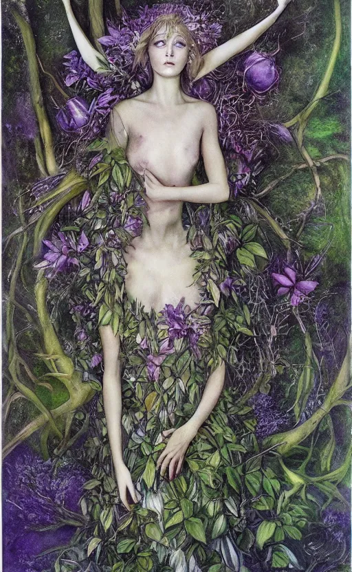 Image similar to fey queen of the summer forest, dress of leaves, fine features, thin, young, silver shimmering hair, by brian froud, stars, night colors, night, purple blue black, oil on canvas, oil panting