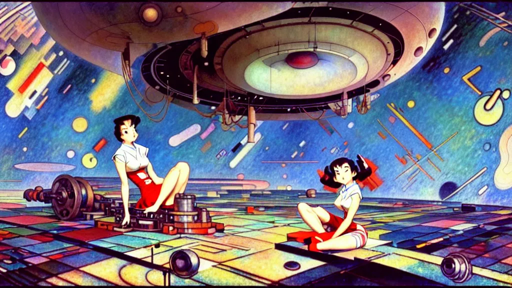 Image similar to a film still of a 1 9 5 0's mechanic anime girl sitting on top of flying ufo landing in hangar of giant ufo spaceship, kandinsky, trending on pixiv fanbox, painted by gaston bussiere, makoto shinkai, akihiko yoshida, gaston bussiere, craig mullins