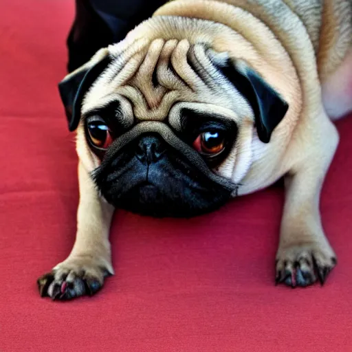 Image similar to a pug with human legs, chimaera, photo