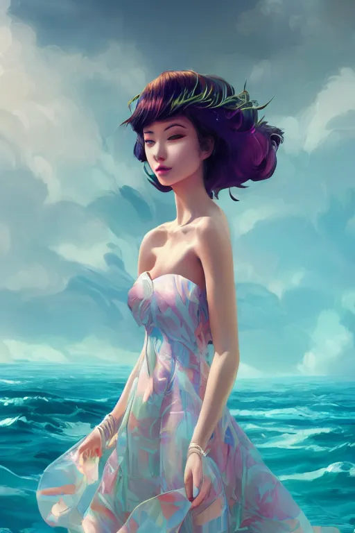 Image similar to a beautiful fashion goddness of love, chic strapless dress, tropical sea background, character design, in the style of artgerm, and wlop, cinematic lighting, hyperdetailed, 8 k realistic, symmetrical, global illumination, radiant light, frostbite 3 engine, cryengine, dof, trending on artstation, digital art