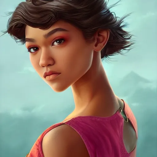 Prompt: a beautiful scenic painting of a beautiful young woman that looks like zendaya by artgerm and wlop and wes anderson and spike jonze