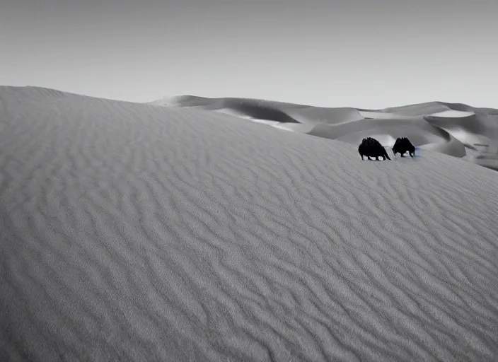 Image similar to a 2 8 mm macro tilt shift view of a camel caravan crossing sand dunes in the desert with the afternoon sun, photography, film, film grain, canon 5 0 mm, cinematic lighting, golden hour, sandstorm,