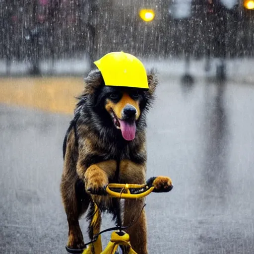 Image similar to a dog with a yellow hat riding a bike while raining