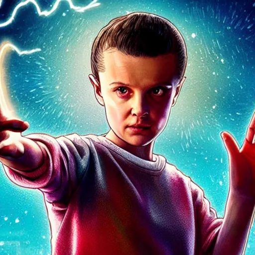 Image similar to Concept art, Eleven from 'Stranger Things' Season 3 (2019) conjuring a magical fireball in her hand