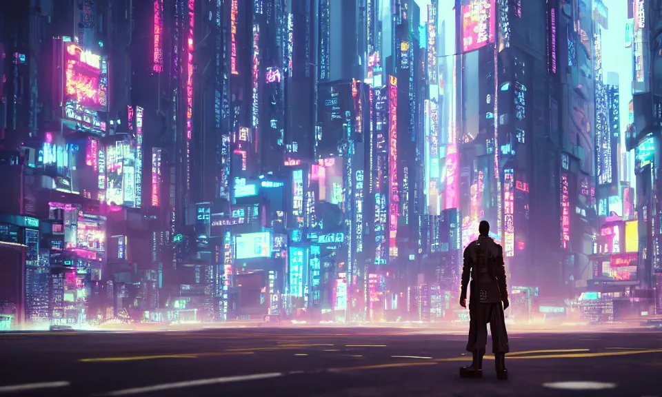 Prompt: a cyberpunk judge stands on the corner of a neo-tokyo street, octane render, 8K, fov, ultra hd, trending on artstatio, dark dramatic digital art in the style of sparth