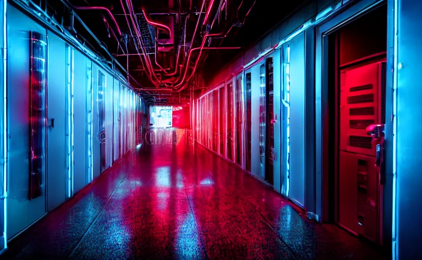 Prompt: terminator without flesh, staying in front of data center room. extreme long shot, cold neon light, high detail, cinematic colors, photostock