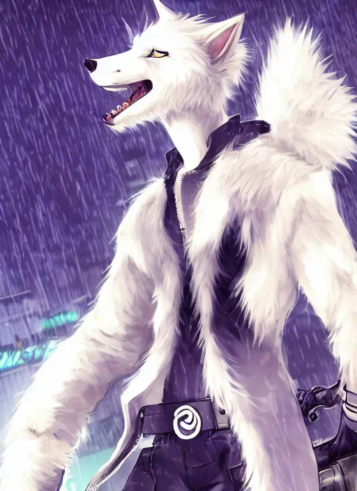 Image similar to character portrait of a male anthro white wolf fursona with a tail and a cute beautiful attractive furry face wearing stylish cyberpunk clothes in a cyberpunk city at night while it rains. hidari, color page, tankoban, 4K, tone mapping, Akihiko Yoshida.