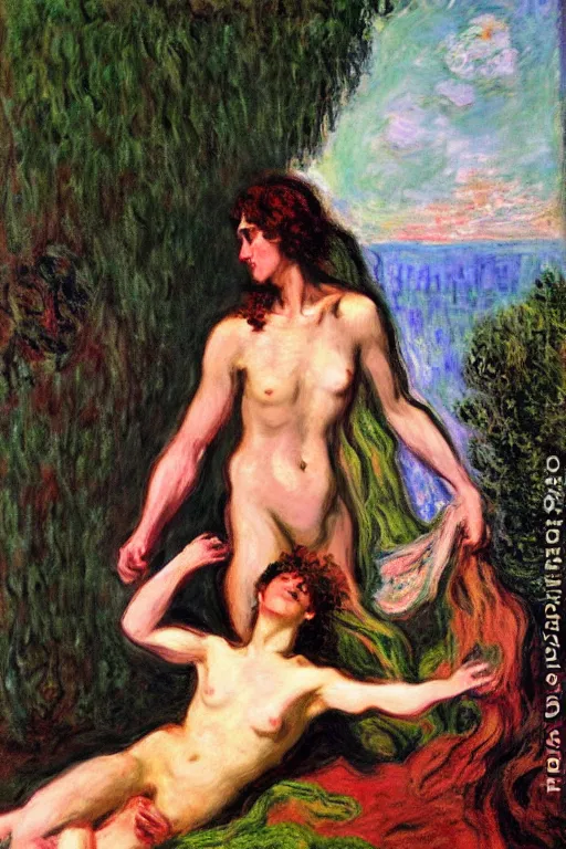 Image similar to Prometheus in style of Salome with the Head of John the Baptist, background by Claude Monet