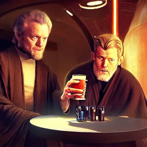 Image similar to star wars palpatine and obi wan drin beer in a sci - fi bar, movie still, screenshot, photorealistic painting, fanart, highly detailed