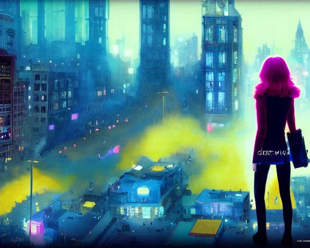 Prompt: 2 0 1 0 scott pilgrim vs. the world movie still girl look at the cityscape from roof perfect face fine realistic face pretty face reflective polymer suit tight neon puffy jacket blue futuristic sci - fi elegant by denis villeneuve tom anders zorn hans dragan bibin thoma greg rutkowski ismail inceoglu illustrated sand storm alphonse mucha