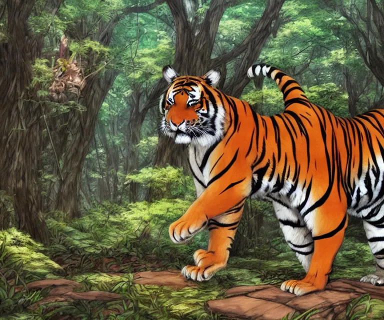 Image similar to tiger in a forest, anime fantasy illustration by tomoyuki yamasaki, kyoto studio, madhouse, ufotable, comixwave films, trending on artstation