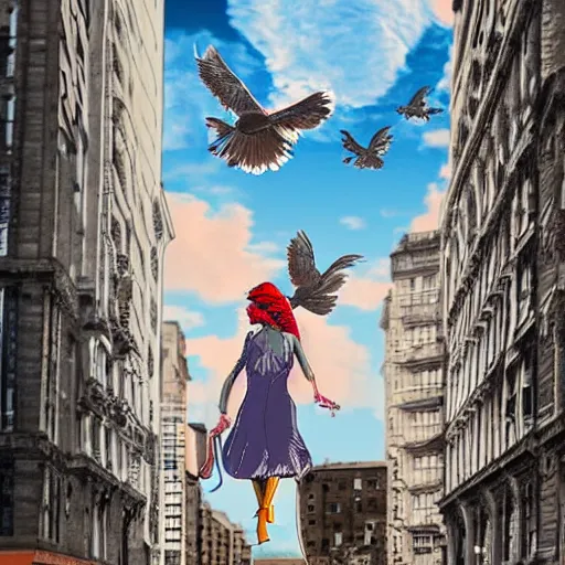 Prompt: Digital art of a woman riding a giant pigeon in the city skies