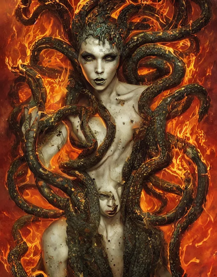 Prompt: a splatterpunk portrait of a gorgon woman with flaming snakes for hair, hyperrealistic, award-winning, in the style of Tom Bagshaw, Cedric Peyravernay, Peter Mohrbacher