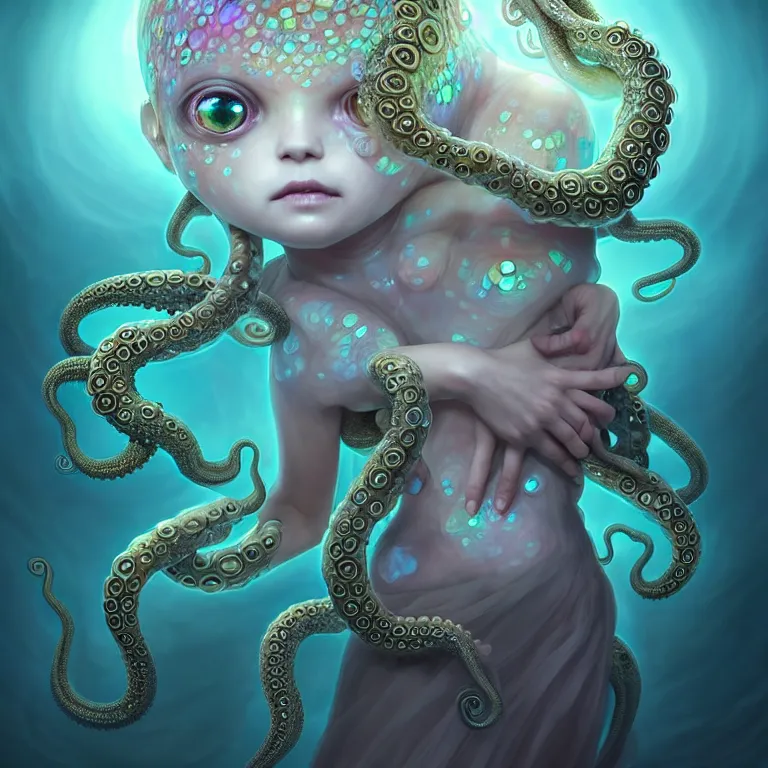 Image similar to A full shot of a cute magical monster Cryptid wearing a dress made of opals and tentacles. Chibi. Subsurface Scattering. Translucent Skin. Caustics. Prismatic light. defined facial features, symmetrical facial features. Opalescent surface. Soft Lighting. beautiful lighting. By Giger and Ruan Jia and Artgerm and WLOP and William-Adolphe Bouguereau and Loish and Lisa Frank. Sailor Moon. trending on artstation, featured on pixiv, award winning, sharp, details, intricate details, realistic, Hyper-detailed, HD, HDR, 4K, 8K.