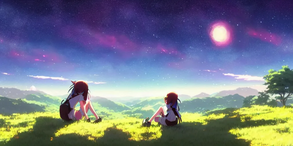 Image similar to a schoolgirl girl sat on the hillside and looked at the stars in the night sky, spectacular milky way, shining meteor, official media, anime key visual, detailed, artwork by makoto shinkai. - h 5 7 6