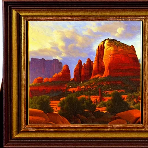 Image similar to sedona's cathedral rock bluff, oil painting at twilight, intricate lines, elegant, extreme detail, smooth, sharp focus, art by vermeer and edward church