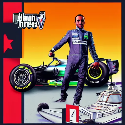 Image similar to lewis hamilton in gta v, cover art by stephen bliss, artstation, no text