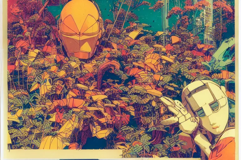 Image similar to risograph grainy drawing vintage sci - fi, satoshi kon color palette, gigantic gundam, covered with exotic flora, 1 9 8 0, kodachrome, natural colors, comicbook spreadsheet, codex seraphinianus painting by moebius and satoshi kon and dirk dzimirsky close - up portrait