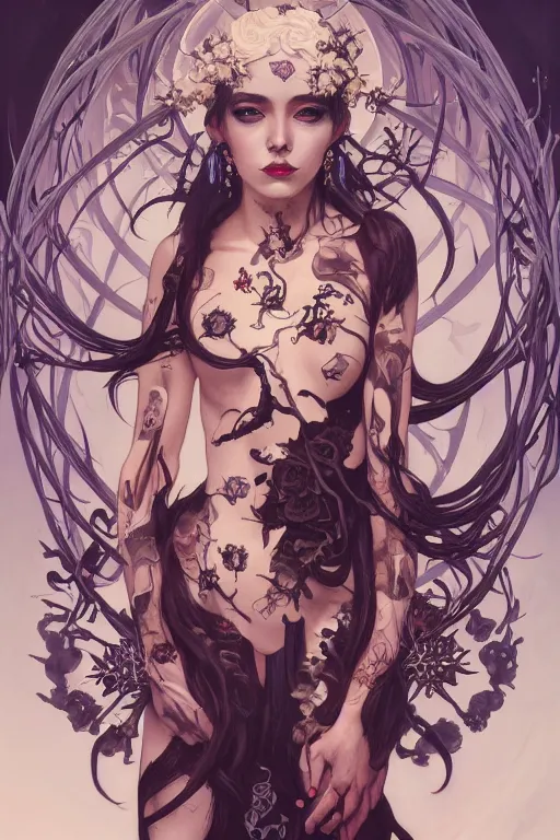 Prompt: a painting of a beautiful death goddess, adorned with skulls and bones, full face, full body, by artgerm and Alphonse Mucha, highly detailed, octane trending on artstation