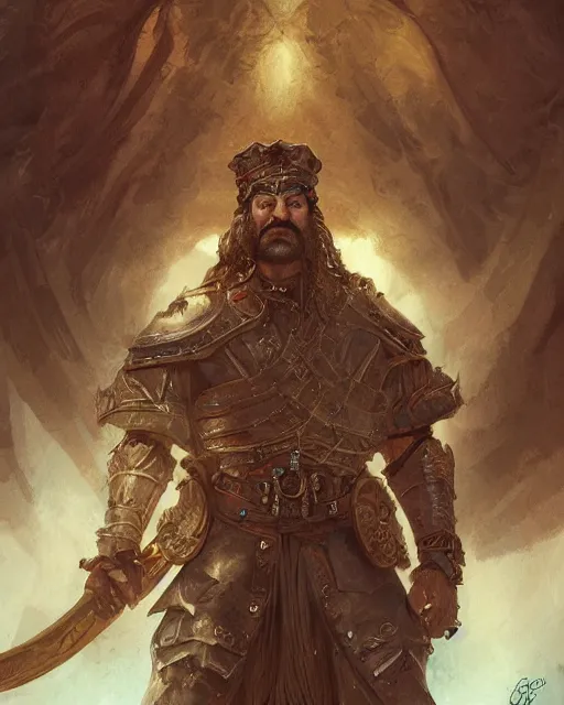 Image similar to digital painting of an angry hernan cortes by filipe pagliuso and justin gerard, symmetric, detailed, intricate, portrait, digital painting, sharp focus, tarot card, handsome, concept art, alluring, game art