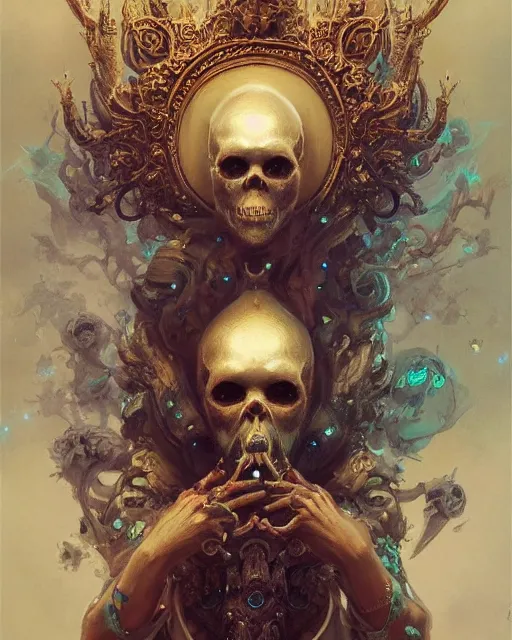 Prompt: 4k cinematic full view ethereal Skull wearing intricate religious gilded Madonna crown by Peter Mohrbacher, by Ruan Jia, by Greg Rutkowski, detailed and realistic, poetic and symbolic, Trending on Artstation