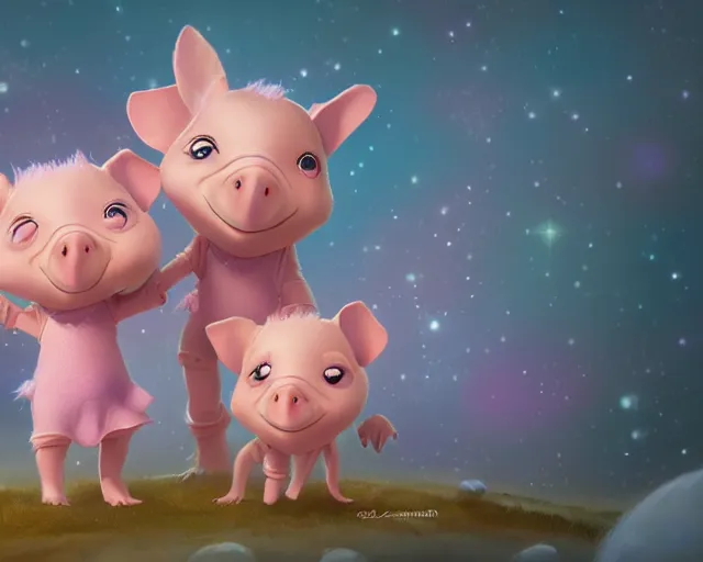 Image similar to 3D Fantasy Cute and adorable space piglet princess, huge adorable eyes, bright stars, Smooth 3D Illustration, soft render, Servando Lupini, Daniil Kudriavtsev, handpaint texture, Blender, 3DCoat