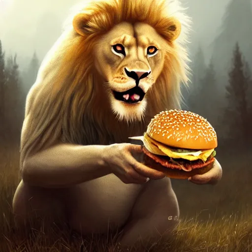 Image similar to commission of a male anthropomorphic albino lion eating an oversized hamburger,digital art,art by greg rutkowski,trevor henderson,ross tran,photorealistic,hyperdetailes,highly realistic,natural lighting,deviantart,artstation,dramatic,cinematic,4k,western comic style