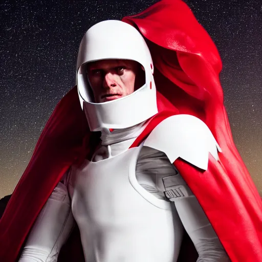 Image similar to portrait of a tall muscular infantry man in glossy sleek white armor with a few red details and a long red cape, heroic posture, deermined expression, on the surface of mars, night time, dramatic lighting, cinematic, sci-fi, hyperrealistic, movie still